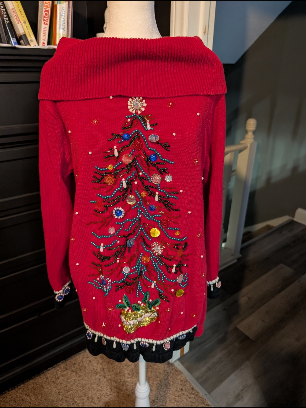 Victoria Jones Woman Red Embellished Off-Shoulder Sweater